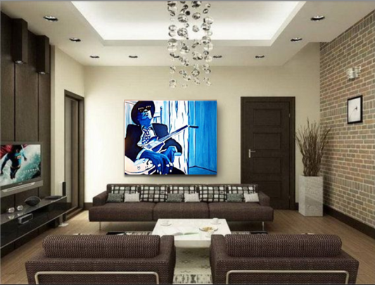 Modern living room interior featuring a large contemporary painting of a guitarist in blue tones displayed above a sofa, blending art with modern home design.