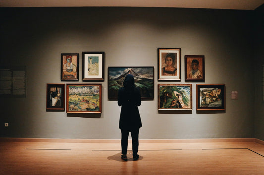 Person standing in a quiet art gallery, viewing a curated wall of framed paintings under soft museum lighting.