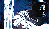 Stylized painting of a seated figure in a hat, rendered in deep blues and whites with bold outlines and moody, blues-inspired atmosphere.