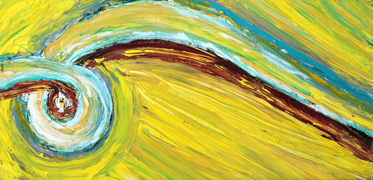Abstract yellow and blue painting with swirling brushstrokes and textured oil paint details by April Paige Fine Art