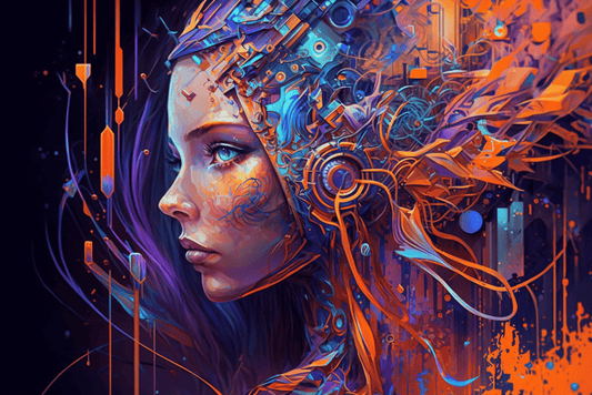 Futuristic digital portrait of a woman in profile, blending human features with abstract circuitry, glowing lines, and vibrant blue and orange tones.