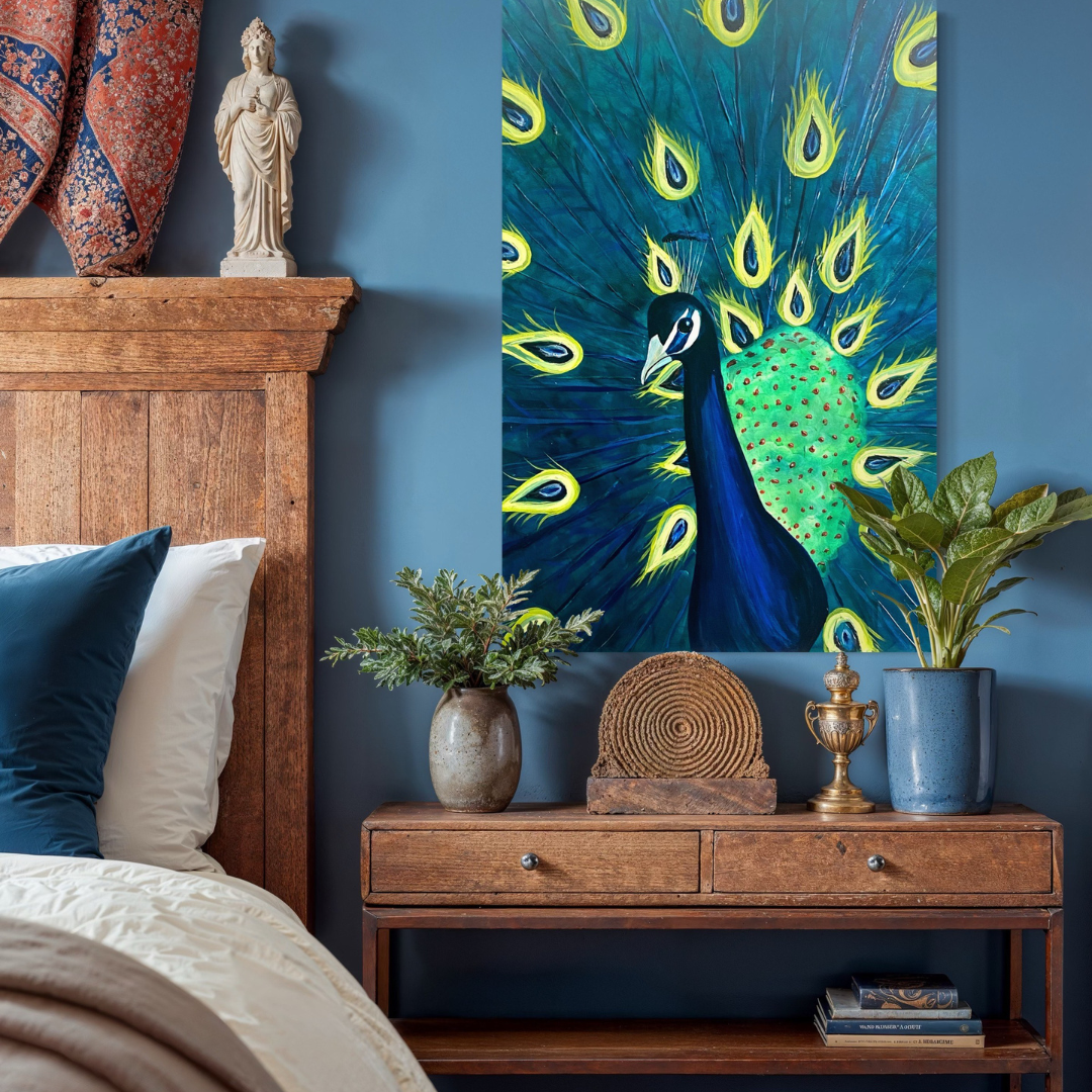 Original realism fine art painting by Cuban American artist April Paige, featuring pears, boats, or peacocks.