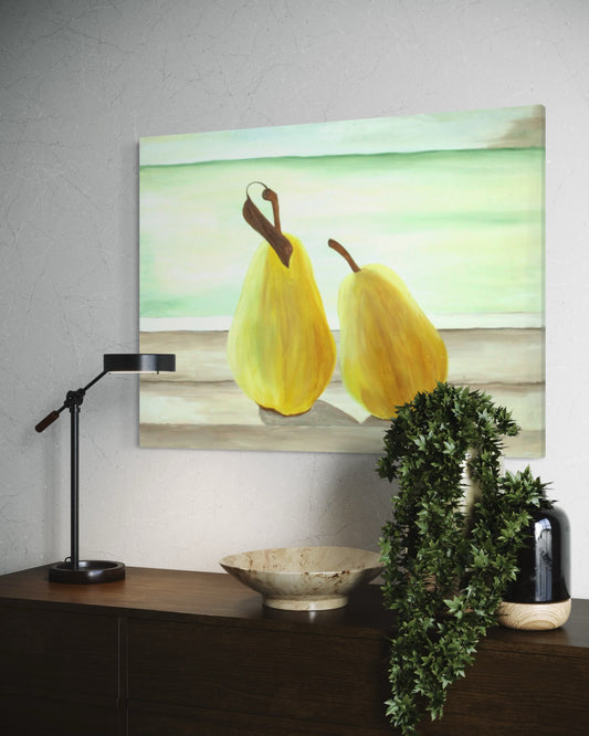 Painting of two yellow pears on a wall above a wooden shelf with decorative items.