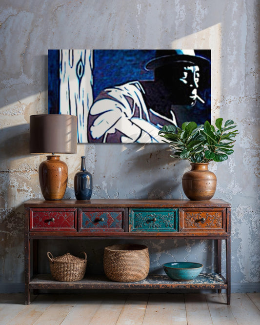 Decorative console table with vases, a lamp, and a painting in a room with a textured wall.