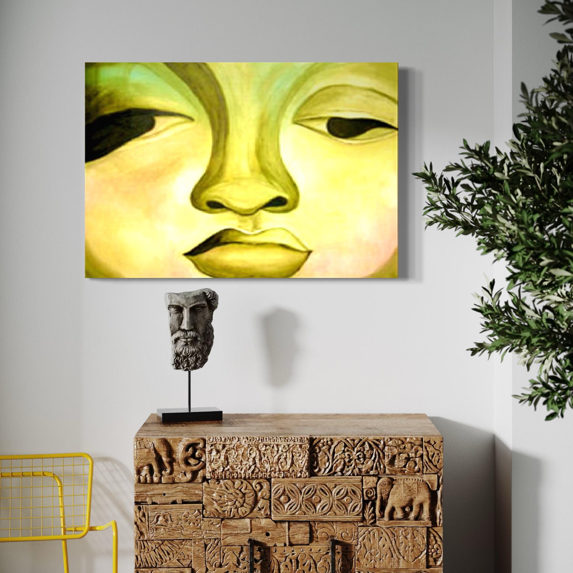 A peaceful acrylic painting capturing the calm, contemplative face of a Buddha statue.