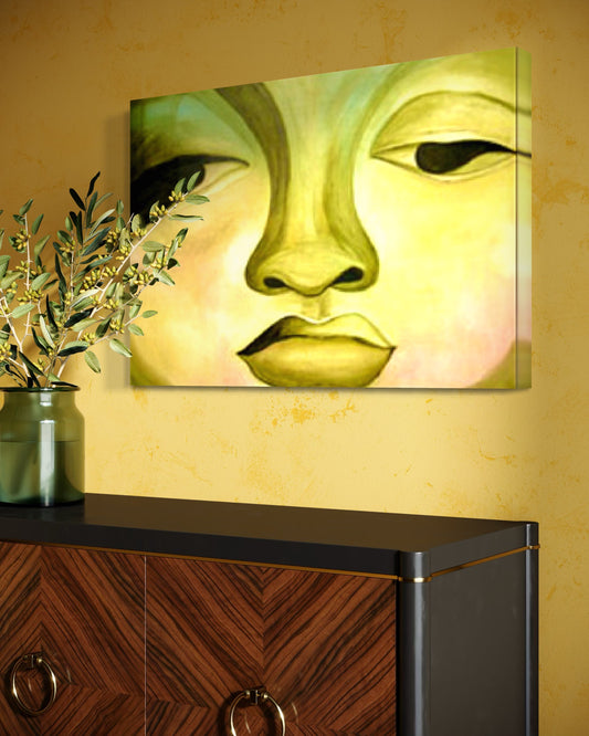 A peaceful acrylic painting capturing the calm, contemplative face of a Buddha statue on a yellow wall. 