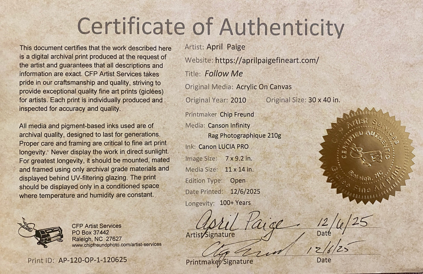 Certificate of Authenticity for April Paige Fine Art archival print, including artwork details, materials, signatures, and embossed seal.