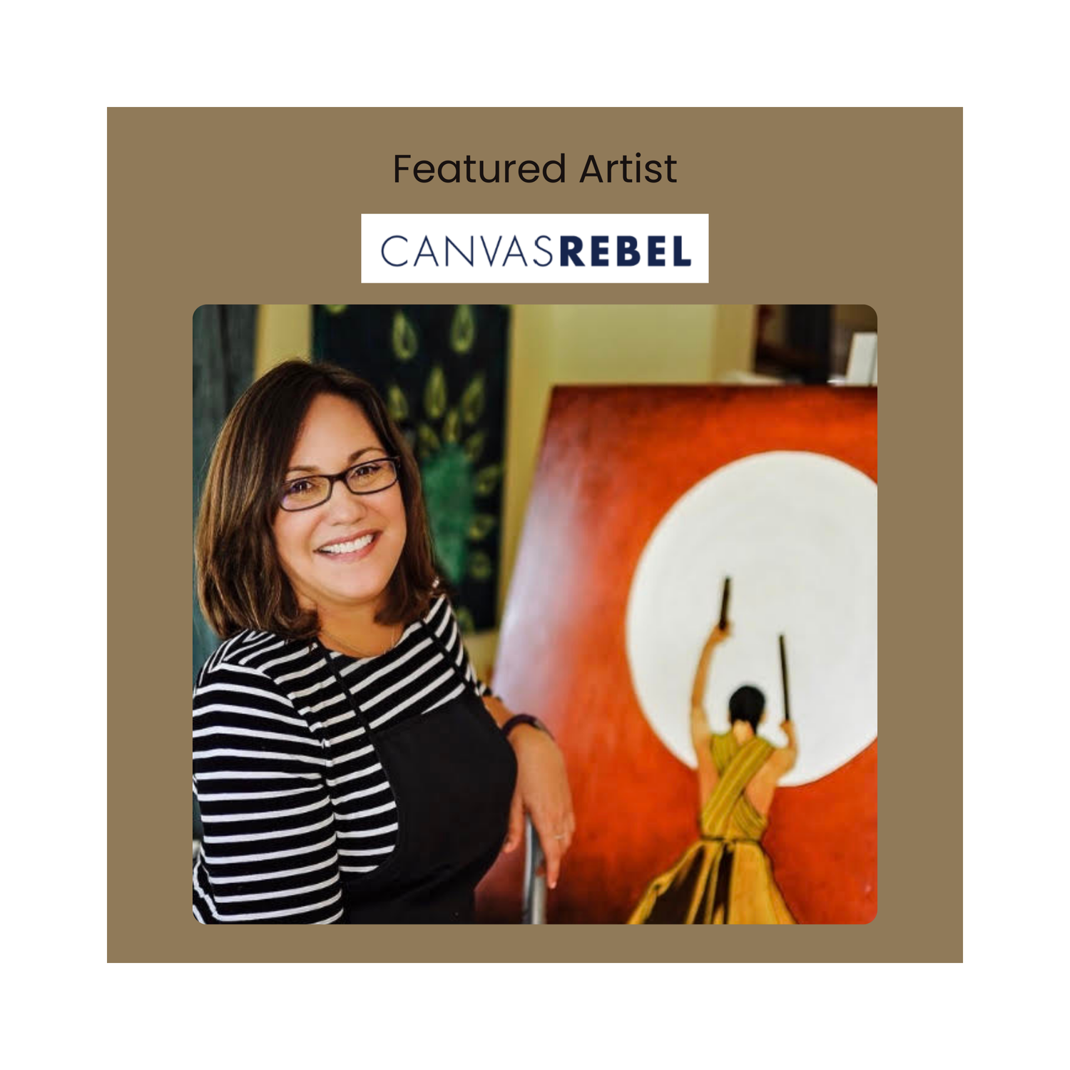 Woman with glasses standing next to a painting with 'Canvas Rebel' branding.