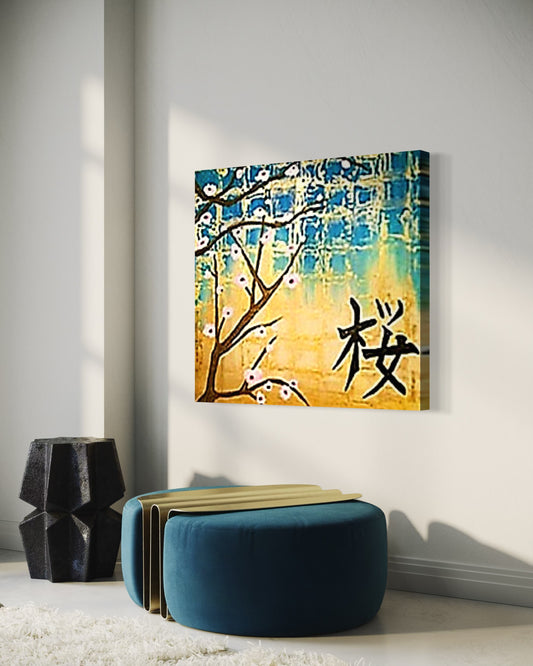 Abstract painting with a tree and black characters on a yellow background, displayed on a wall.