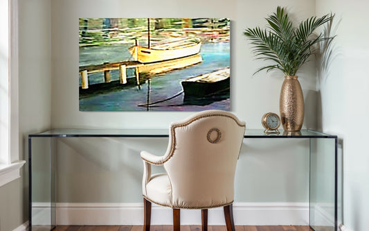 Modern home office with glass desk, chair, and decorative elements.