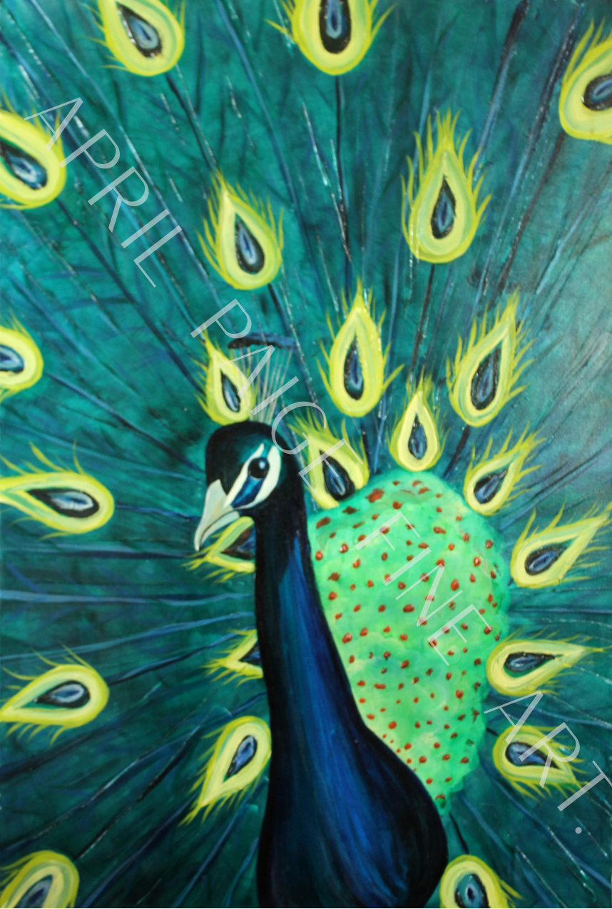 Painting of a peacock with vibrant colors and detailed feathers.