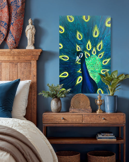 Bedroom with a wooden headboard, decorative plants, and a peacock painting on the wall.