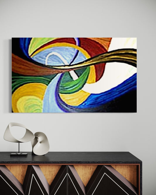Abstract painting with swirling colors above a modern console table.