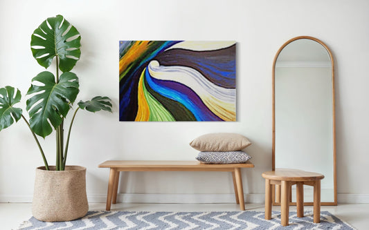 Modern interior with abstract painting, plant, bench, and mirror.