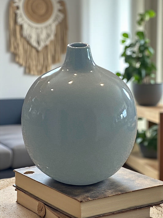 A rounded ceramic vase with a smooth gray-blue glaze sits atop stacked books on a textured wood coffee table. The minimalist design features a narrow neck and soft curves. In the background, a cozy living space with plants and woven wall decor creates a calm, modern atmosphere, highlighting the vase as a simple, elegant focal point.  Bohemian and rustic decor.  