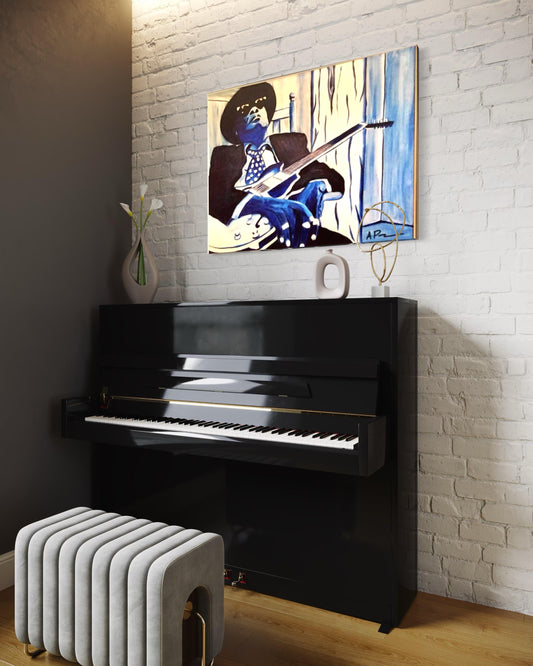 Black piano in a room with a painting of a person playing guitar on the wall.