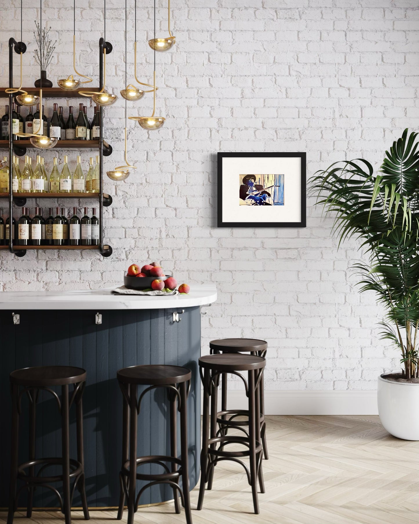 , and framed picture.  A contemporary interior with a framed print of the blues guitarist, Johnny Lee Hooker, in monochromatic blue and white tones displayed on a white brick wall next to a modern bar area with dark wood stools and industrial shelved.  There are fruits on the bar and liquor bottles on the shelves.  The space feels modern, artistic, and inspired by music and creativity.