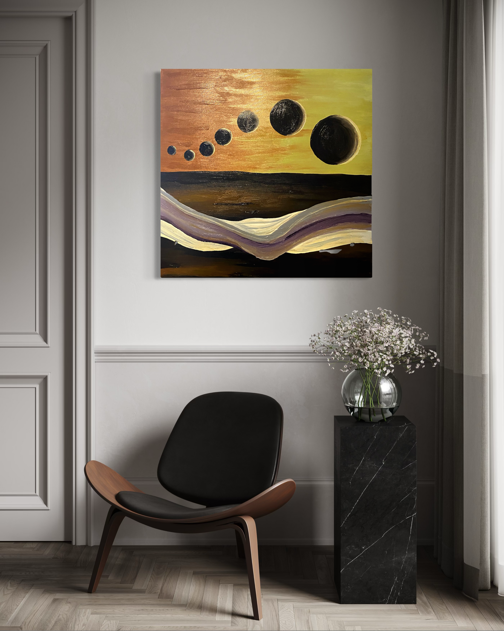 An abstract canvas painting featuring a sunset sky with black celestial bodies and wavy lines, displayed on a light gray wall in a modern room setting with a black chair and a marble side table.