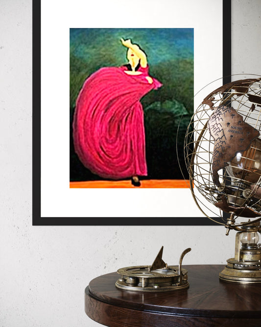 Framed archival print of a flamenco dancer in a deep pink dress, with a guitarist faintly seen in the background.  The print shown with a white mat and black frame.  In front is a wooden table, world atlas sculpture, and antique compass.  Great for any modern den, office, music room, bedroom, or living room.  
