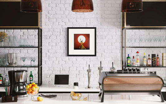 Modern kitchen with white brick wall, bar shelves, and a framed picture.