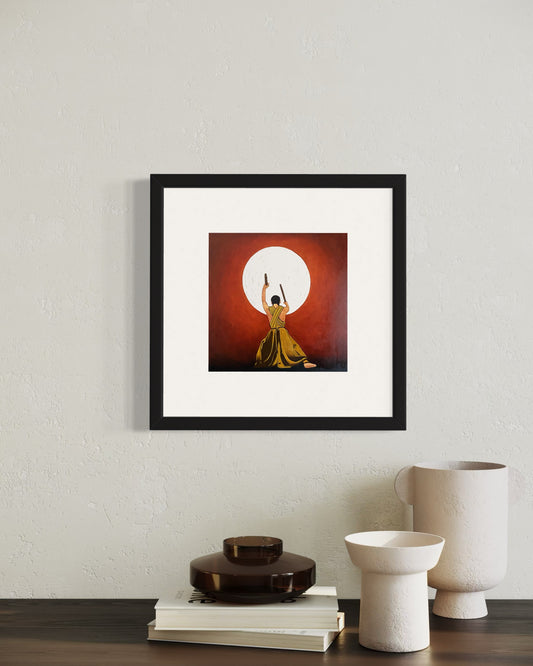 A modern office interior with a framed art print of a silhouetted Japanese Kudo Drummer reaching toward a bright white sun against a red Chinese background on a white wall. Below, a sleek dark wood cabinet holds two modern white vases and some books.  Creating a stylish, vibrant, and inspiring atmosphere.
