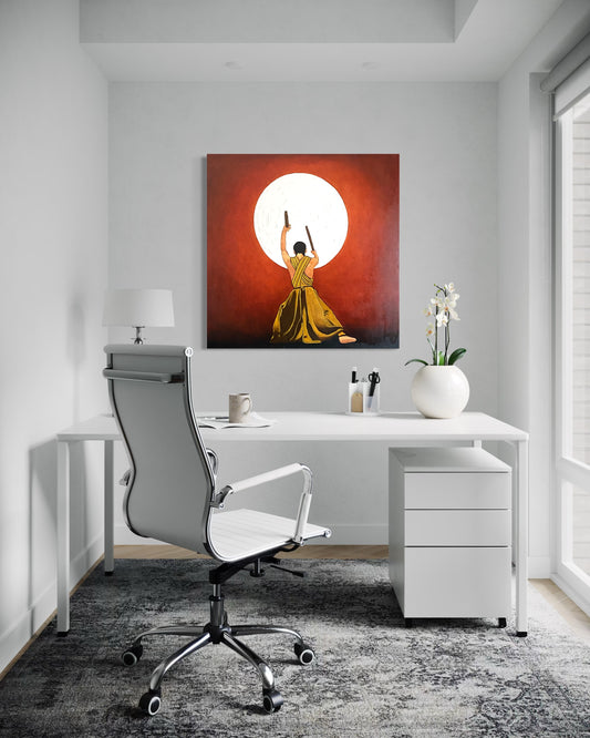 Modern office setup with a white desk, chair, and decorative painting on the wall.
