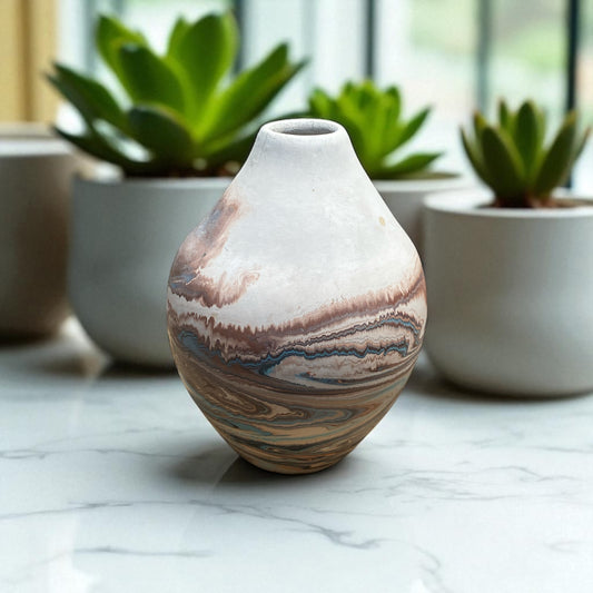A small Southwest-style ceramic vase with a rounded shape and narrow opening sits on a light stone surface. The vase features marbled layers of cream, rust, and subtle blue tones resembling desert landscapes. In the softly blurred background, green succulents in white pots sit near a window, creating a calm, natural setting that highlights the vase’s earthy, handcrafted appearance. Great for bohemian, earthy, or rustic decor.  