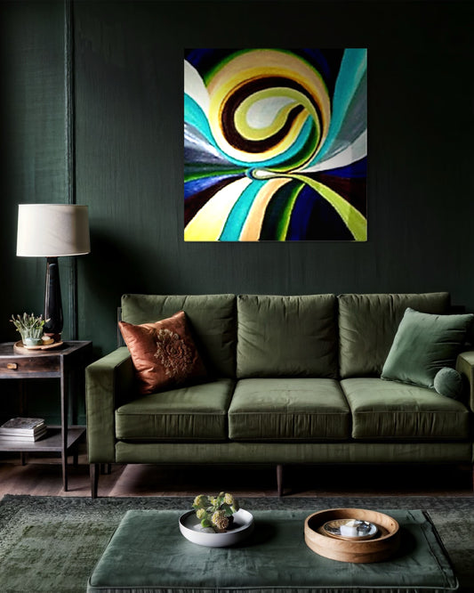 Modern living room with a green sofa, abstract painting, and decorative items.