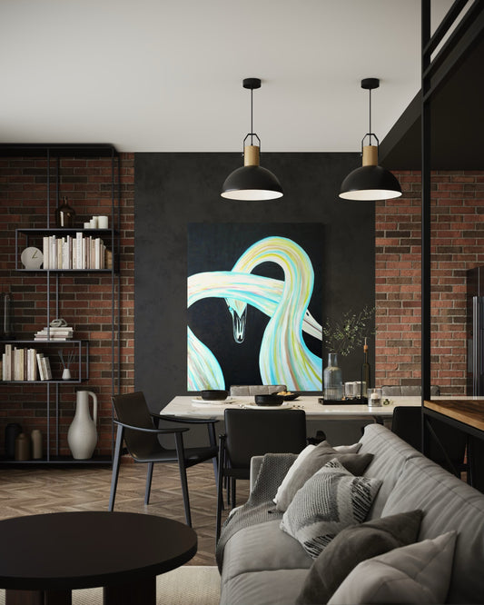 Modern living room with a gray sofa, black coffee table, and abstract artwork on a black wall.