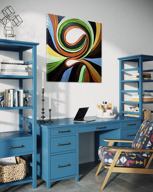 Colorful abstract painting on a white. wall above a blue desk.