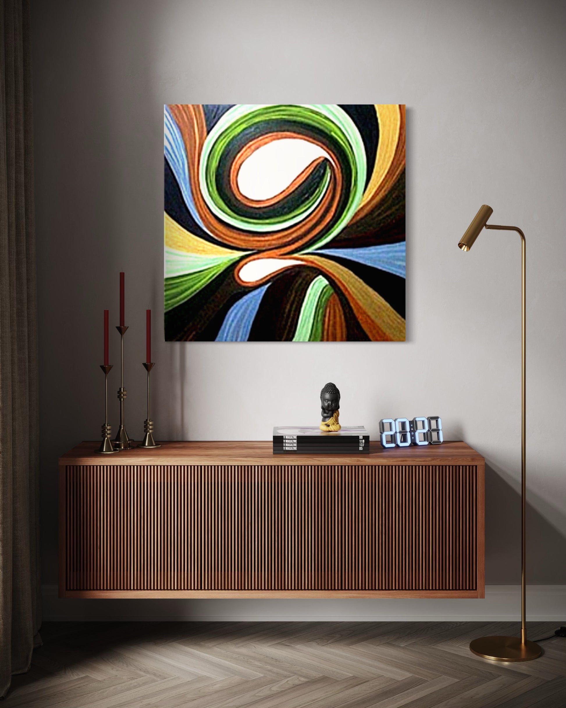 Colorful abstract painting on a wall above a wooden console table.