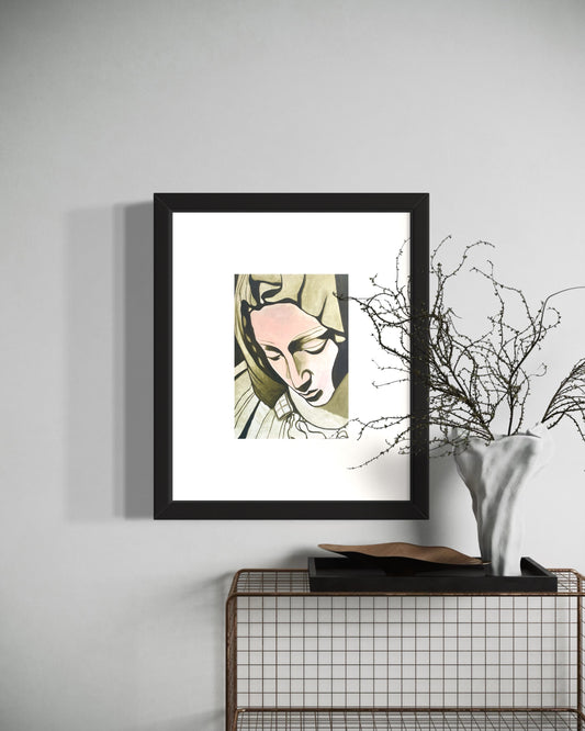 A minimalist interior featuring a framed portrait print of Mother Teresa, inspired by the Pieta, in muted green and flesh tones, displayed on a light wall. Below, a wireframe console holds a sculptural vase with delicate branches and a decorative tray. The neutral palette and clean styling create a calm, elegant, and contemplative atmosphere with a modern artistic touch.