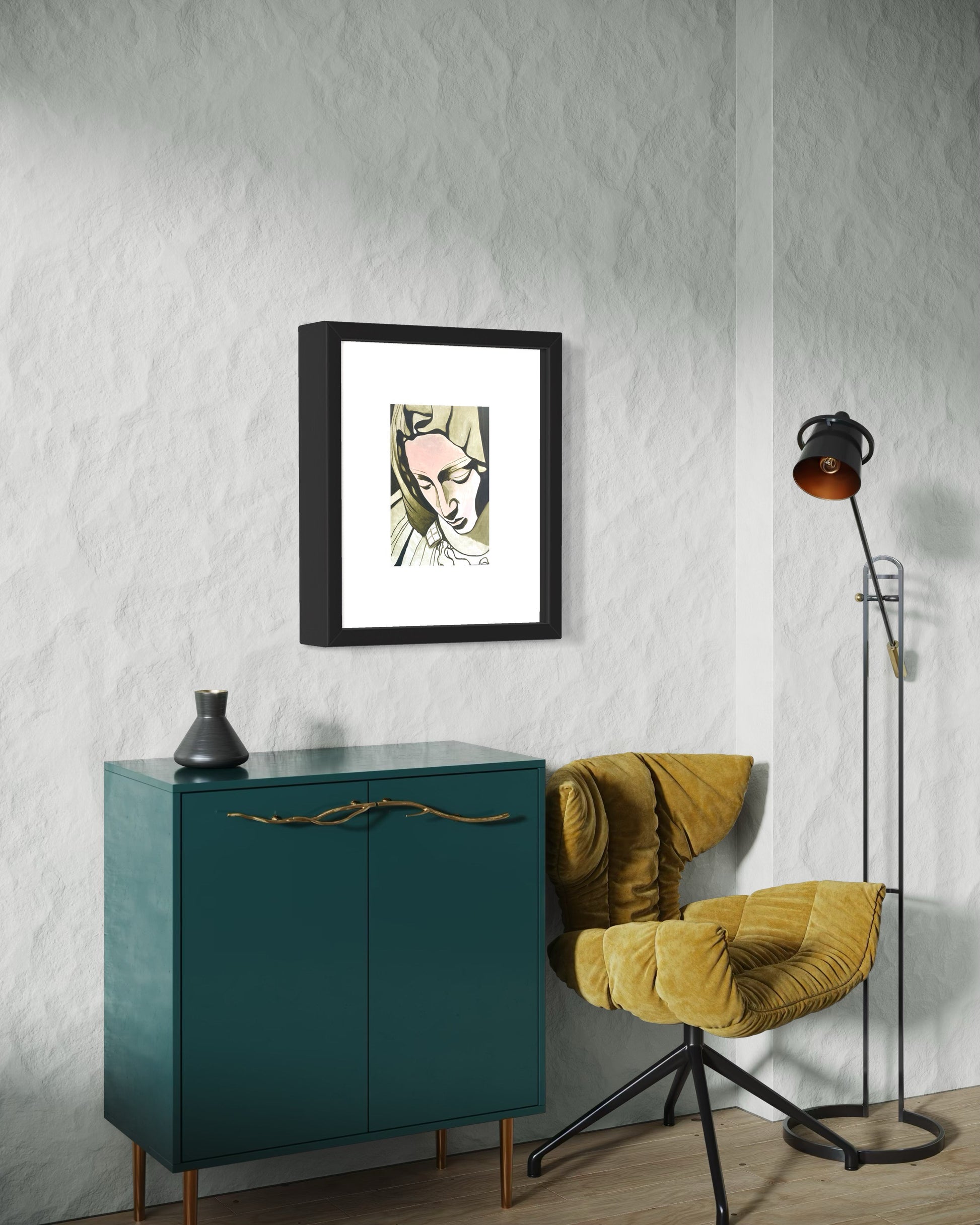 Modern interior with teal cabinet, yellow chair, and framed artwork on a textured wall.  A minimalist interior featuring a framed portrait print of Mother Teresa, inspired by the Pieta sculpture in Rome, in muted green and flesh tones, displayed on a light wall. Below, a teal cabinet, modern yellow chair, and  a modern floor lamp. The modern decor coupled with the nostalgia of Mother Teresa creates a calm, elegant, and contemplative atmosphere with a modern artistic touch.