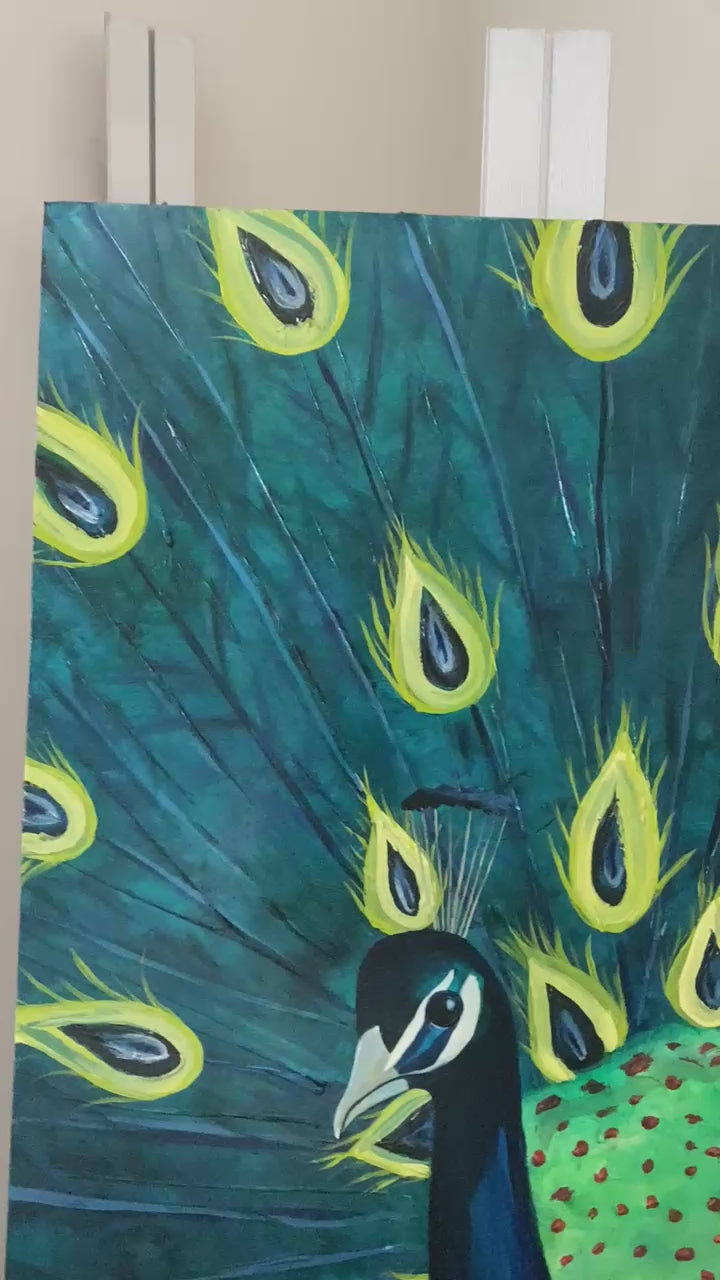 Detailed video showing the painting of a peacock with vibrant colors and detailed feathers.