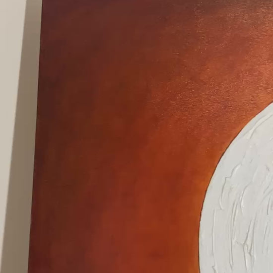 Detailed video of abstract painting of a person in a yellow dress against a red background.